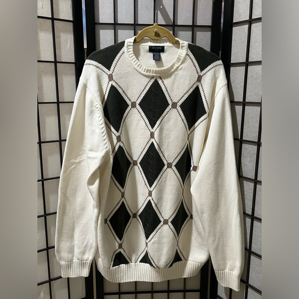 DOCKERS GEOMETRIC COTTON SWEATER WITH DARK GRAY DIAMOND ARGYLE PATTERN MEN 2XLT